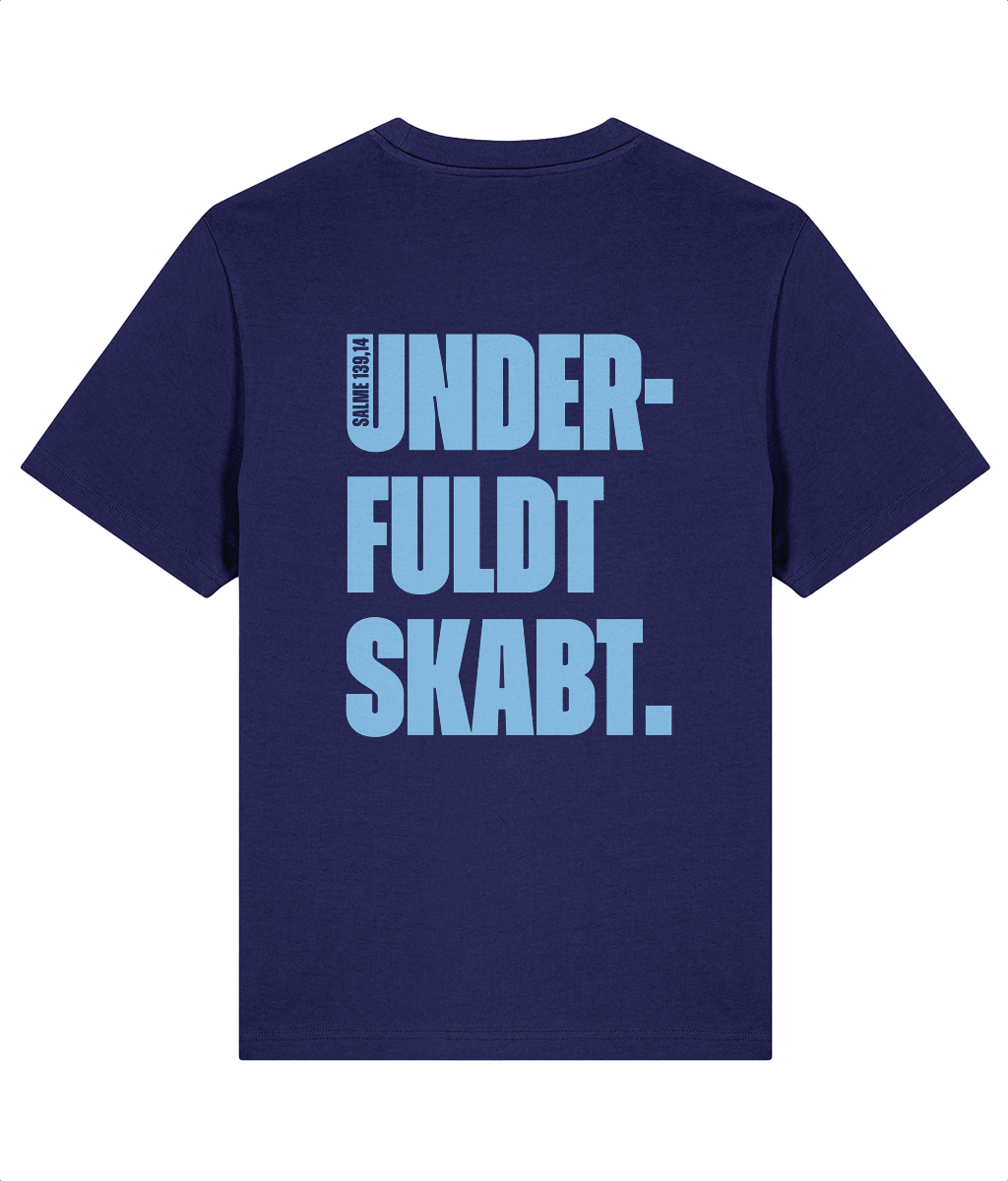 Underfuldt skabt – navy kristen T-shirt med Salme 139,14-print på ryggen