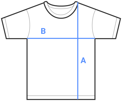 Sådan måler du t-shirt: A er længde, B er bredde